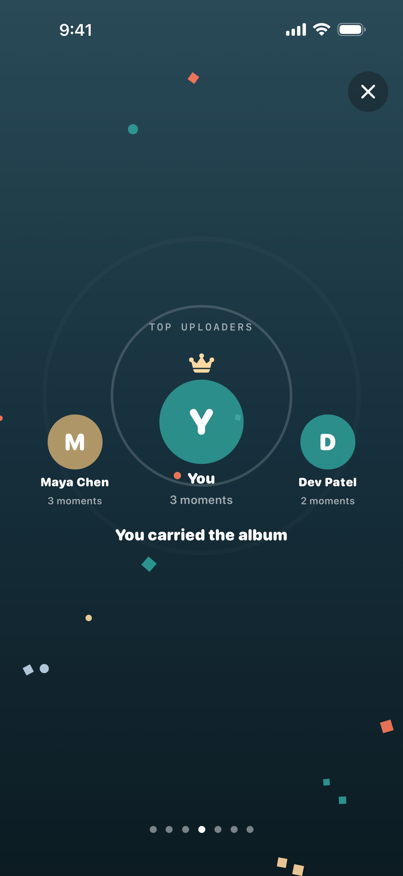 Unframed album recap: "You carried the album", with the top uploaders Maya, You and Dev ranked by moments.