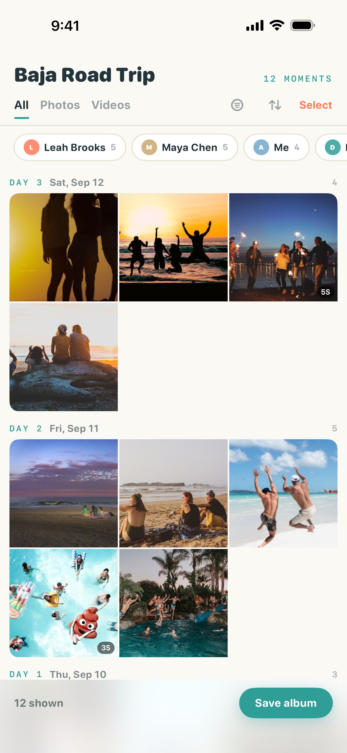 Unframed library for "Baja Road Trip": photos grouped by day, with chips to filter by Leah Brooks, Maya Chen or yourself.