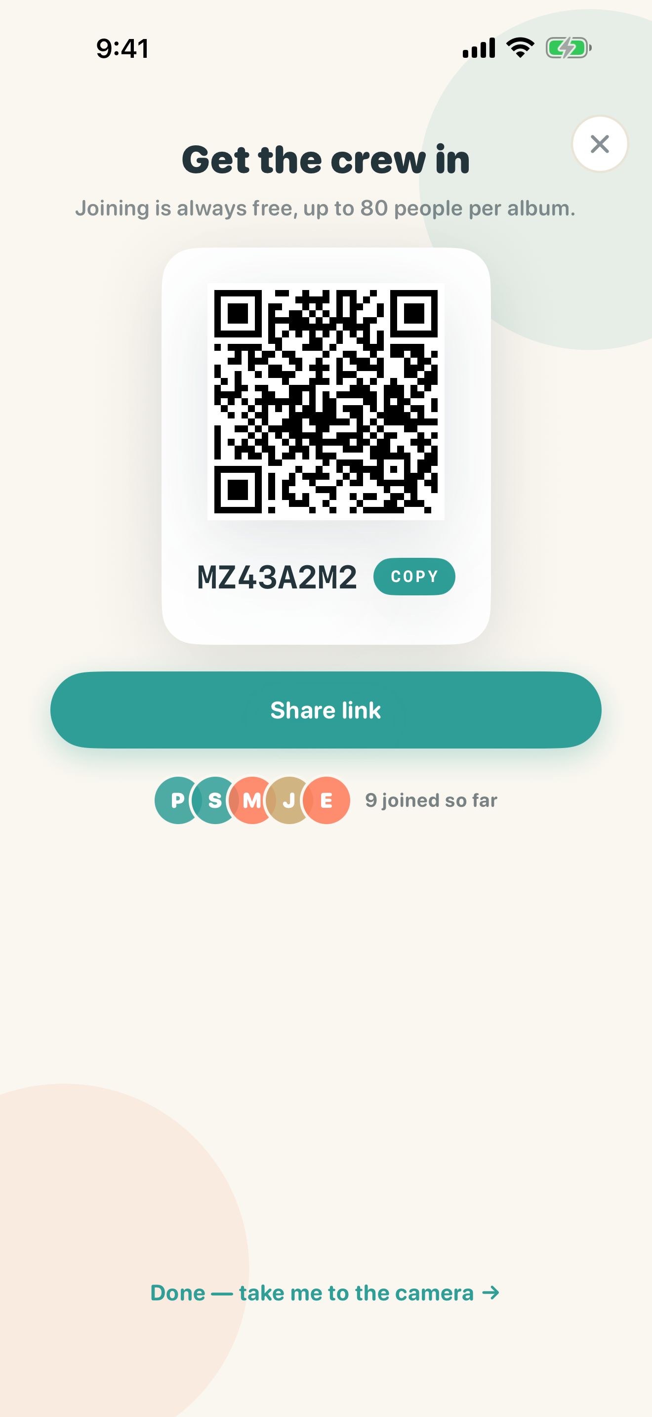 Unframed invite screen: "Get the crew in", with a QR code, the invite code and a Share link button. Joining is always free, up to 80 people per album.