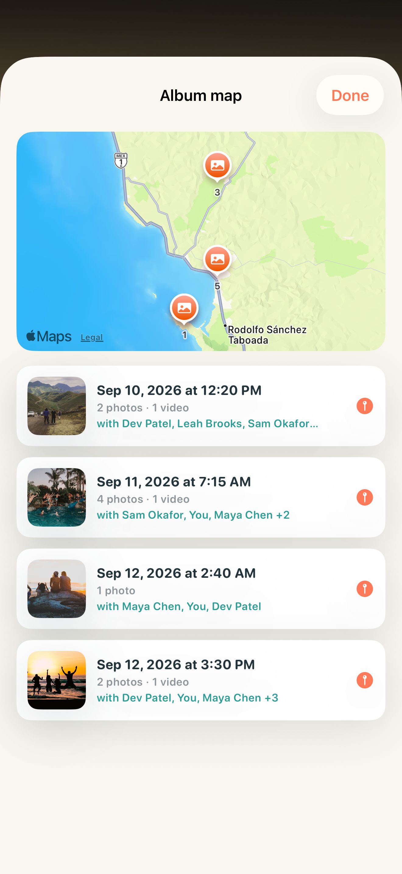 Unframed album map: pins along the Baja coast, each listing the photos and people from that moment.