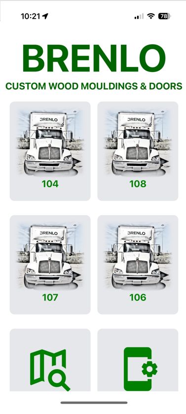 Brenlo truck picker: trucks 104, 108, 107 and 106, plus map and settings.