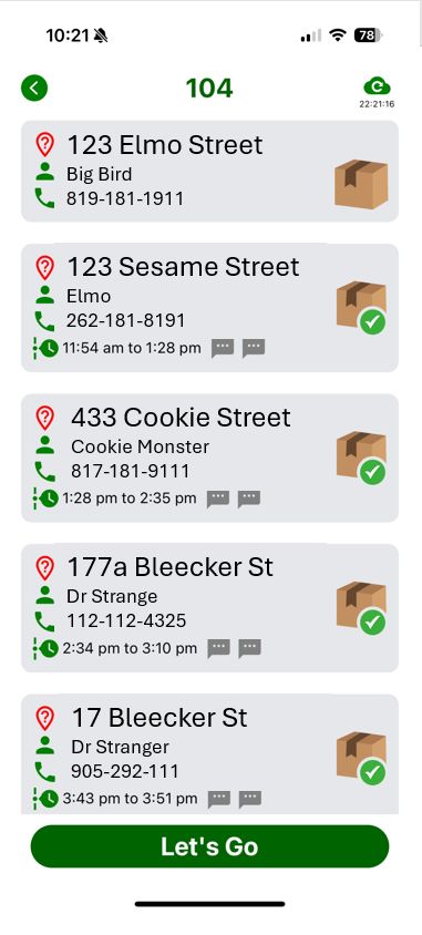 Brenlo stop list for truck 104: each delivery with its address, customer, phone number, time window and a delivered check mark.