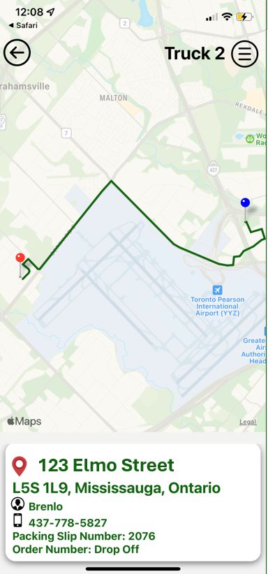 Brenlo live map for Truck 2: the route drawn across Mississauga near Toronto Pearson, with the next stop's address, packing slip and order number.