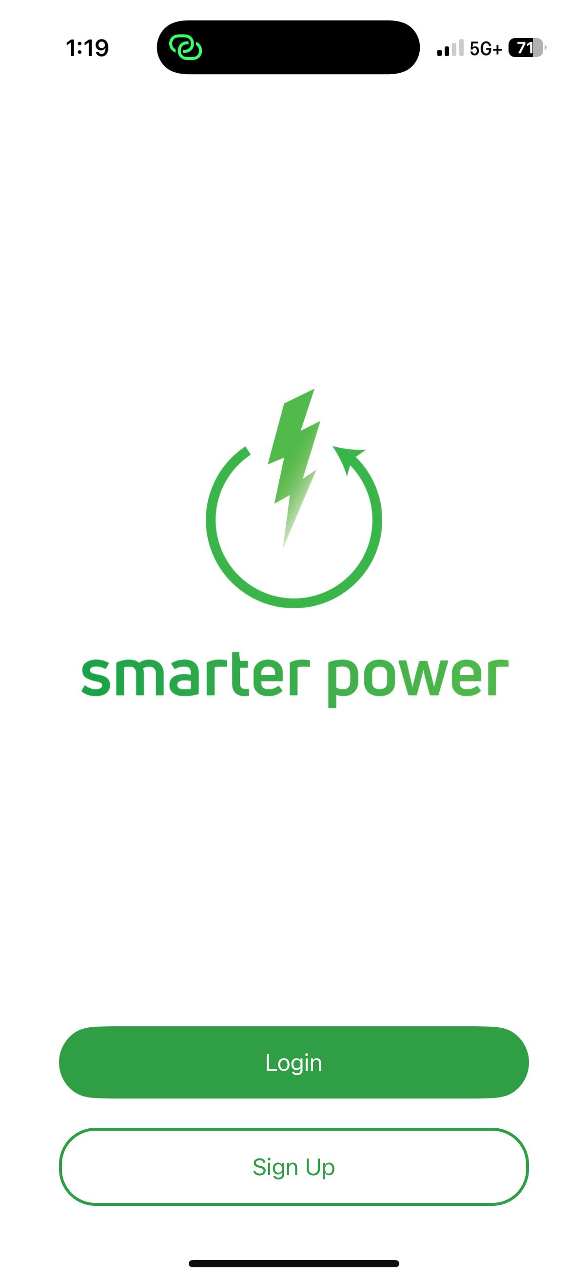 SmarterPower welcome screen with the SmarterPower logo and Login and Sign Up buttons.