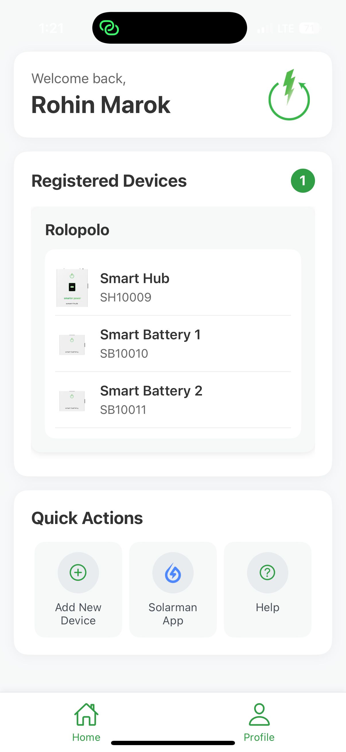 SmarterPower home screen: welcome back, one registered system with its Smart Hub and two Smart Batteries, and quick actions to add a device, open Solarman or get help.