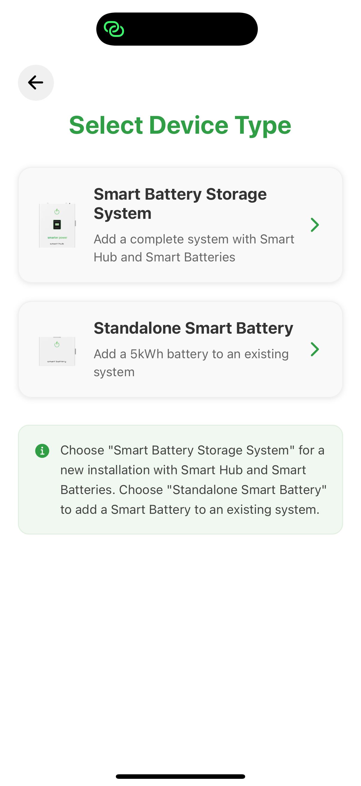 SmarterPower "Select Device Type" screen: add a complete Smart Battery Storage System, or a standalone Smart Battery to an existing system.