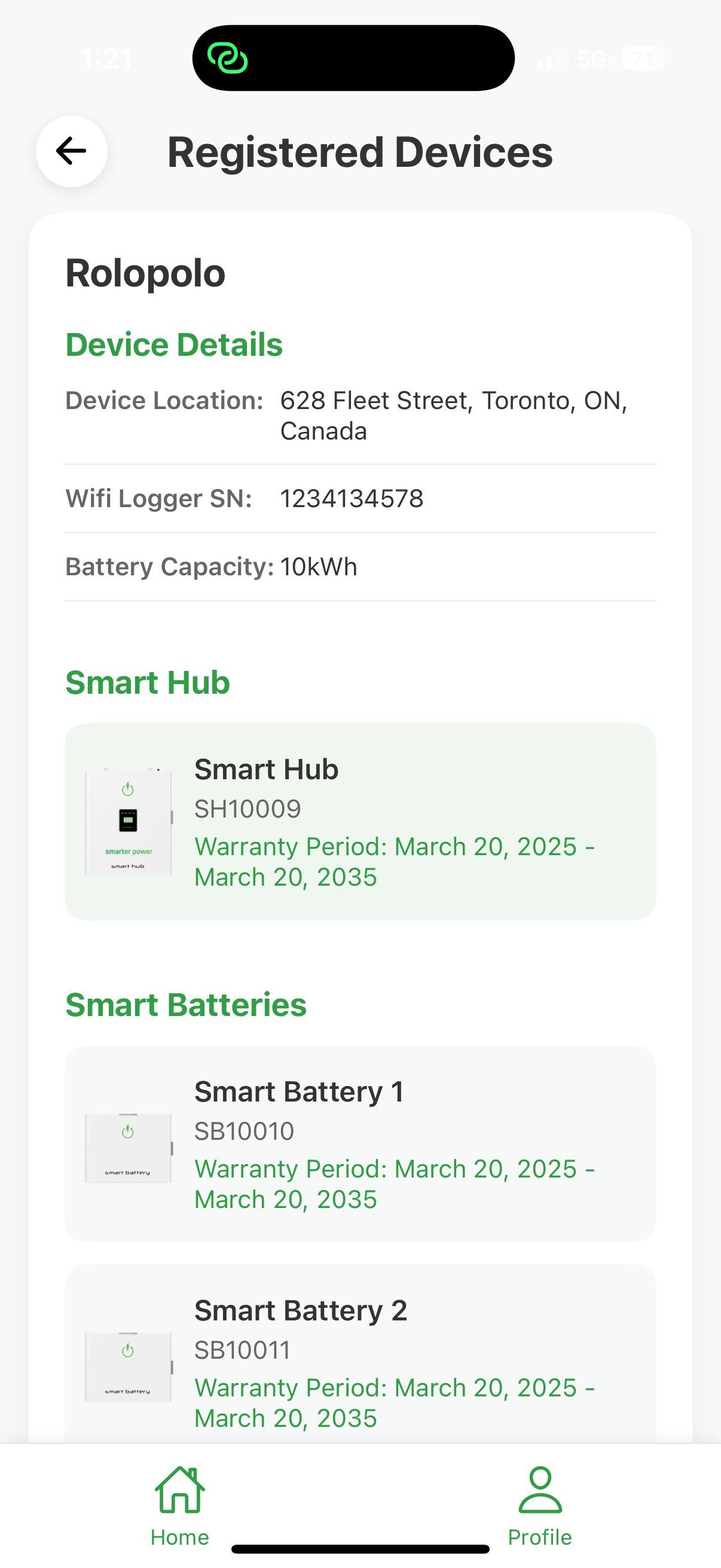 SmarterPower registered device details: location, Wi-Fi logger serial number, 10 kWh battery capacity, and warranty periods for the hub and each battery.