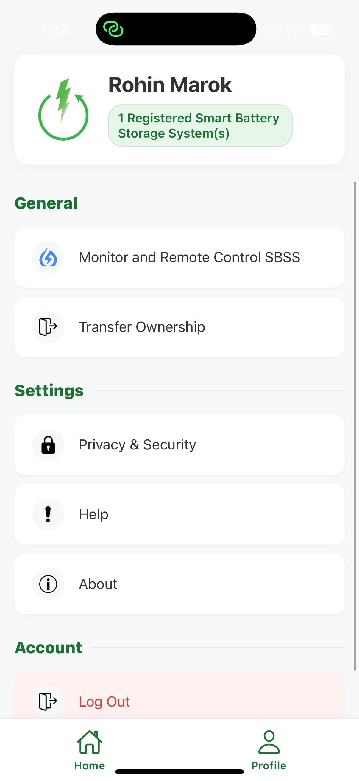SmarterPower profile: monitor and remote control the battery system, transfer ownership, privacy and security, help and about.