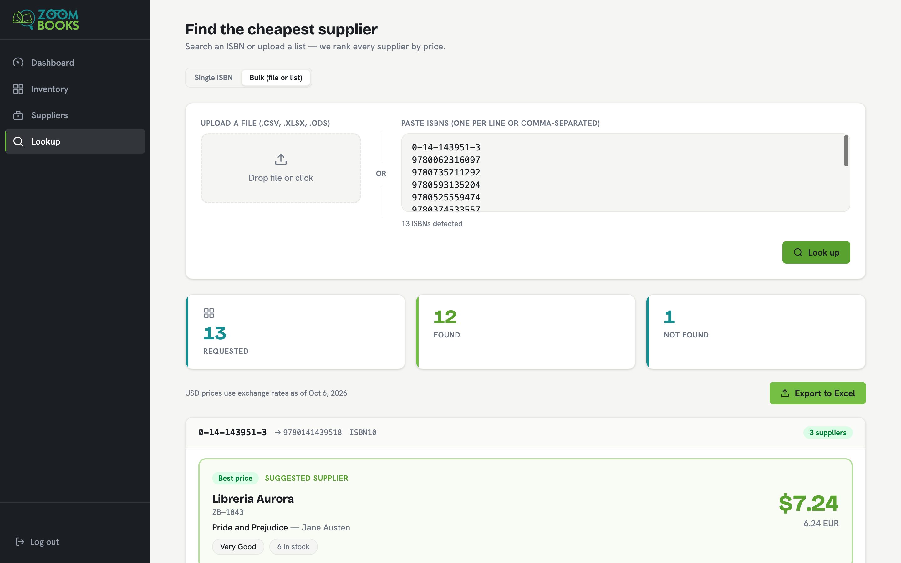 Bulk lookup: 13 ISBNs pasted in mixed formats, 12 found and 1 not found, an Export to Excel button, and the first result with its suggested supplier.
