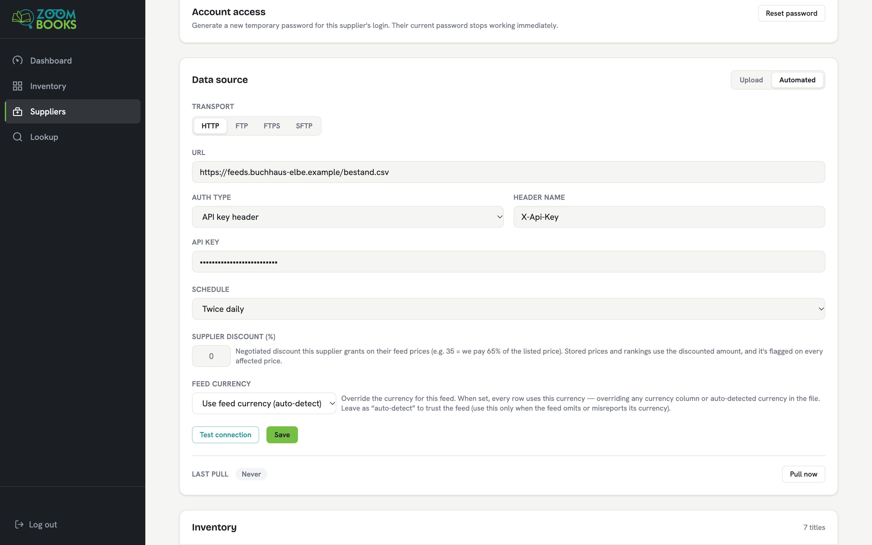 An automated feed for a supplier: the transport (HTTP, FTP, FTPS or SFTP), the feed address, an API key, a twice-daily schedule and a Test connection button.