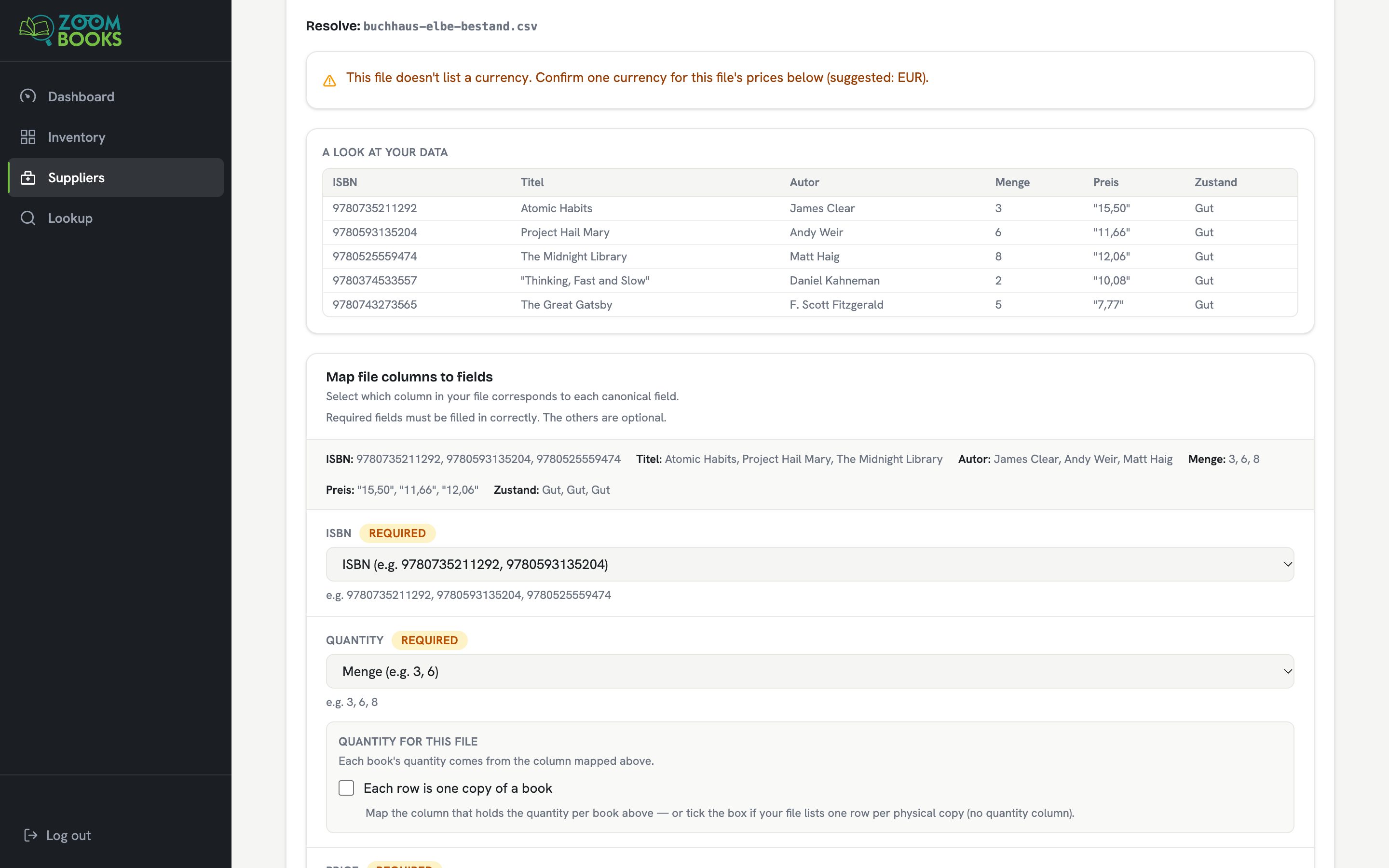 Reviewing a German supplier file: a preview of its columns ISBN, Titel, Autor, Menge, Preis and Zustand, matched to the portal’s ISBN and quantity fields.