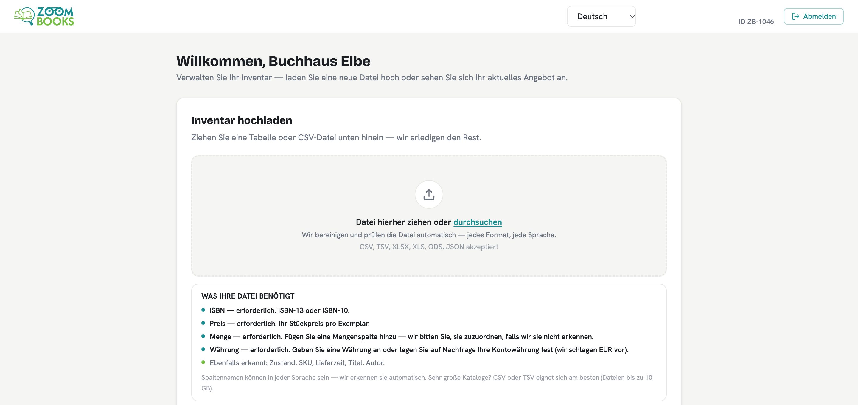 A supplier’s own upload page, in German: drag in a spreadsheet or CSV, with what the file needs (ISBN, price, quantity and currency) explained underneath.