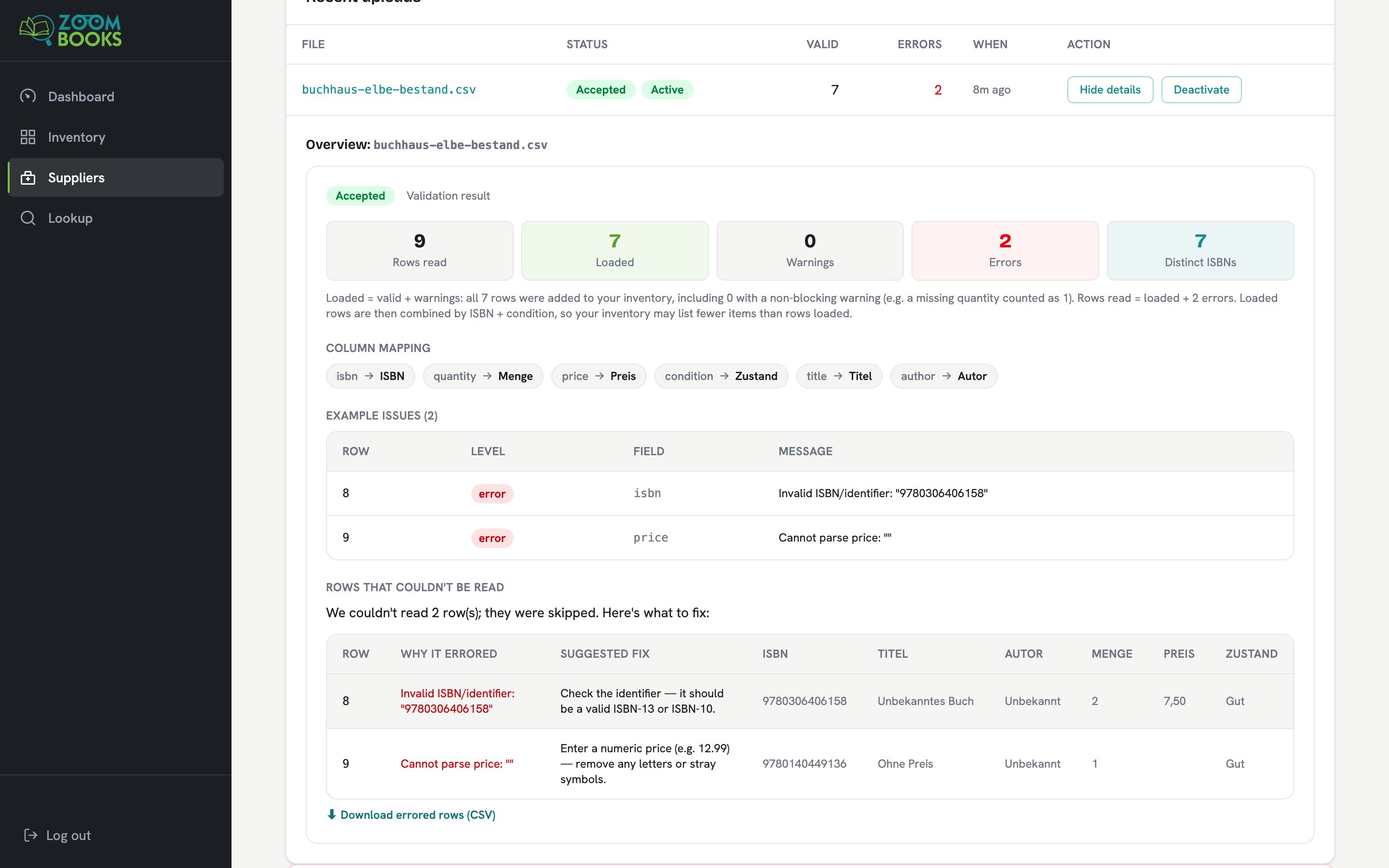 Validation result for an upload: 9 rows read, 7 loaded, 2 errors, and the two rejected rows, an invalid ISBN and a missing price, each with a suggested fix.